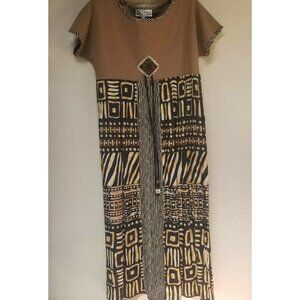 K.D Spring Size 1 Brown Ethnic Design Straight Maxi Dress Short Sleeve Stretch